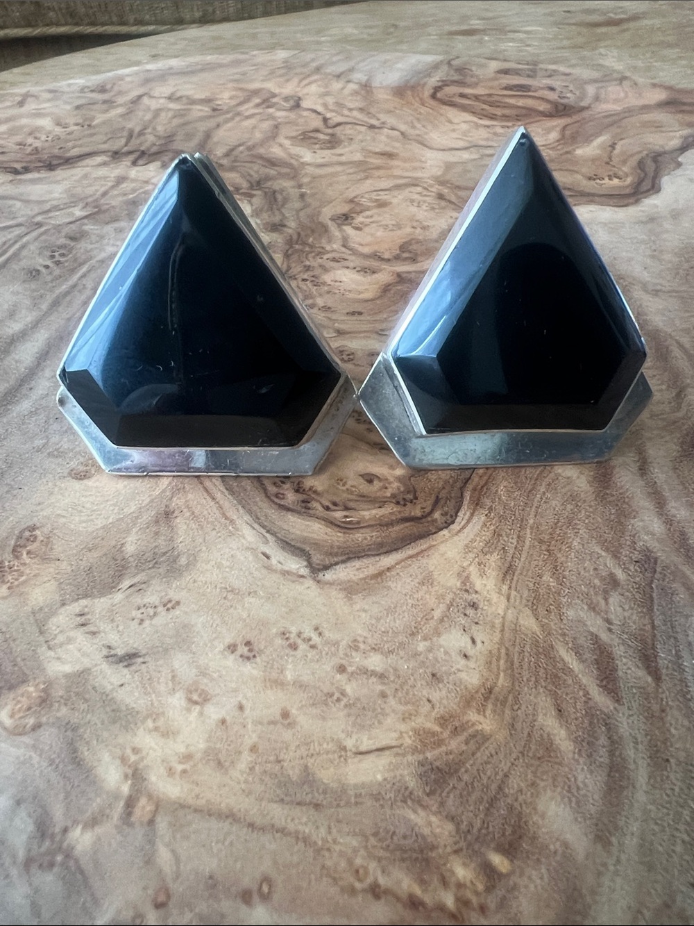Vintage Signed Mexican 925 Sterling and Obsidian Handmade Clip Earrings Heavy